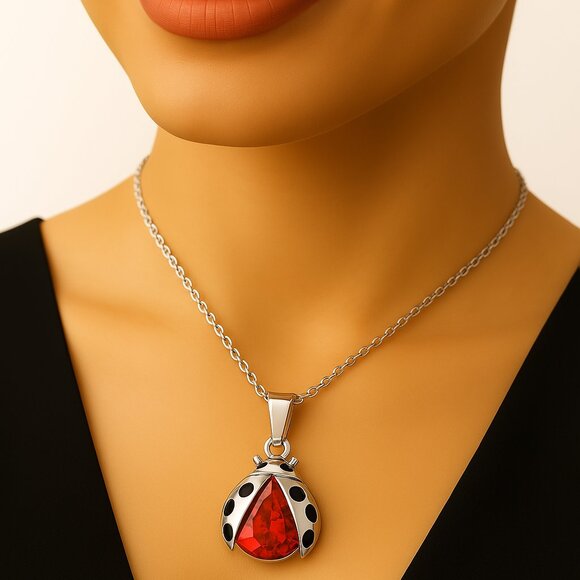 Necklace – Sterling Silver Overlay - Ladybug Pendant - Swarovski Crystal Jewelry